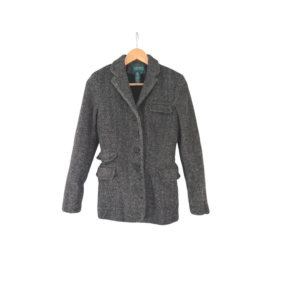 Lauren Ralph Lauren Women Grey Black Herringbone Wool Blend Blazer Jacket Size 6